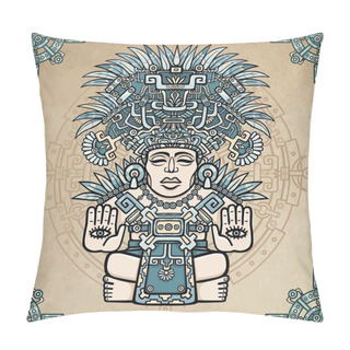 Personality  Linear Drawing: Decorative Image Of An Ancient Indian Deity. Motives Of Art Native American Indian. Ethnic Design, Tribal Symbol. A Background - Imitation Of Old Paper. Vector Illustration. Pillow Covers