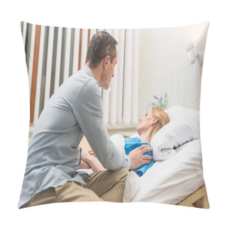 Personality  Husband Sitting At Sick Wife Bed In Hospital Pillow Covers