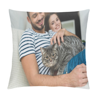 Personality  Happy Young Couple With Adorable Tabby Cat Sitting On Couch Pillow Covers