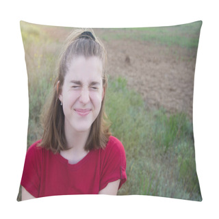 Personality  Young Beautiful Teenager Girl Squinting Fun In A Field Outdoors. Copyspace. Pillow Covers