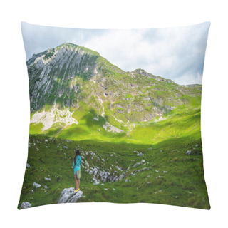 Personality  Back View Of Woman Standing On Stone And Looking At Mountains In Durmitor Massif, Montenegro Pillow Covers