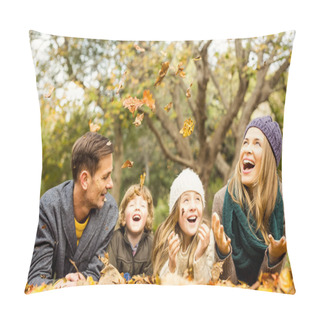 Personality  Smiling Young Family Throwing Leaves Around Pillow Covers