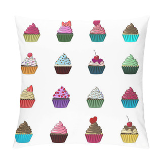 Personality  Vector Cupcakes And Muffins Set. Colorful Desserts With Cream, Chocolate, Cherries And Strawberries. Multicolored Cute Cupcakes For Flyers, Postcards, Stickers, Prints, Posters, Decorations. Pillow Covers