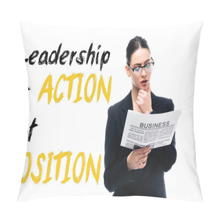 Personality  Thoughtful Businesswoman Reading Newspaper Near Leadership Is Action Not Position Lettering Isolated On White Pillow Covers