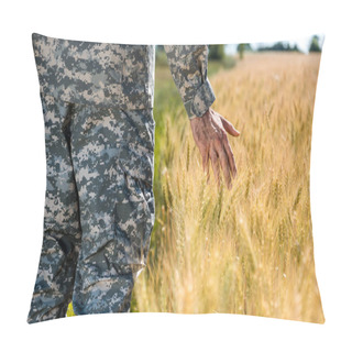 Personality  Selective Focus Of Soldier Touching Wheat In Golden Field  Pillow Covers