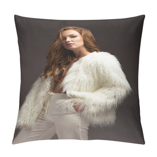 Personality  Woman Posing In White Outfit And Looking At Camera Isolated On Gray Pillow Covers