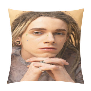 Personality  Portrait Of Young Queer Person With Tattoo On Face Isolated On Yellow  Pillow Covers