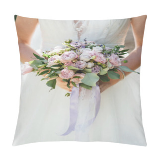 Personality  Bride Holds A Wedding Bouquet, Wedding Dress, Wedding Details Pillow Covers