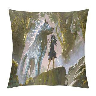 Personality  Wild Girl With Her Wolf Standing In The Forest, Digital Art Style, Illustration Painting Pillow Covers