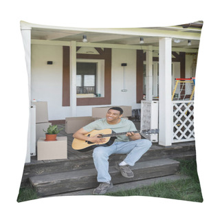 Personality  Cheerful African American Man Playing Acoustic Guitar On Porch Near Boxes And New House Pillow Covers