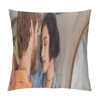 Personality  Young Romantic Asian Woman Hugging Boyfriend Near Washing Machine In Coin Laundry, Banner Pillow Covers