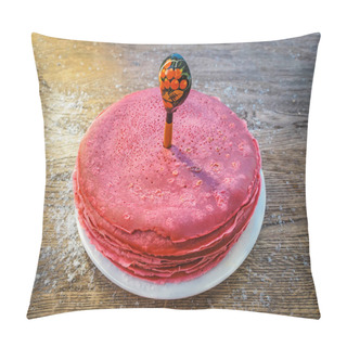 Personality  Red Beetroot Pancakes Pierced A Wooden Spoon. Shrovetide Maslenitsa Butter Week Festival Meal. Stack Of Russian Pancake Bliny On A Rustic Wooden Background Sprinkled With Snow. Top Side View Pillow Covers