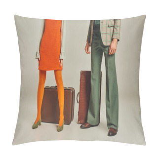 Personality  Cropped View Of Retro Travelers In Orange Dress And Plaid Blazer Near Vintage Suitcases On Grey Pillow Covers