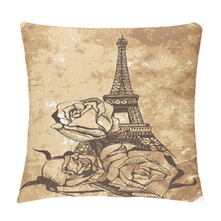 Personality  Drawing Of Eiffel Tower With Roses On Old Paper Background Pillow Covers