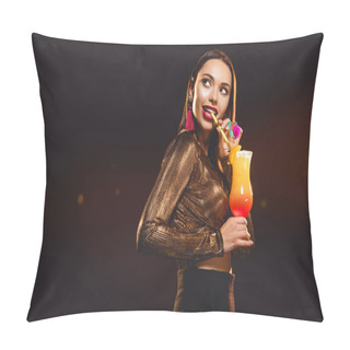 Personality  Brunette Glamorous Young Woman Drinking Alcohol Cocktail On Black Pillow Covers