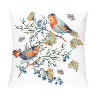 Personality  Watercolor Woodland Birds With Blue Berries, Moth And Fir Branch Pillow Covers