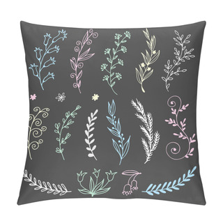 Personality  Floral Doodle Set In Sketch Style, Vector Hand Drawn Botanical Elements Illustration Isolated On Dark Background Pillow Covers