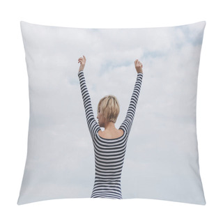 Personality  Rear View Of Young Woman In Striped Bodysuit With Raised Arms On Cloudy Day Pillow Covers