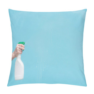 Personality  Cropped View Of Woman Spraying Glass With Detergent On Blue Background Pillow Covers