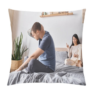 Personality  Angry Asian Woman Quarreling At Upset Husband Sitting On Bed At Home, Relationship Difficulties Pillow Covers