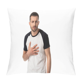 Personality  Sick And Bearded Man Touching Chest Isolated On White  Pillow Covers
