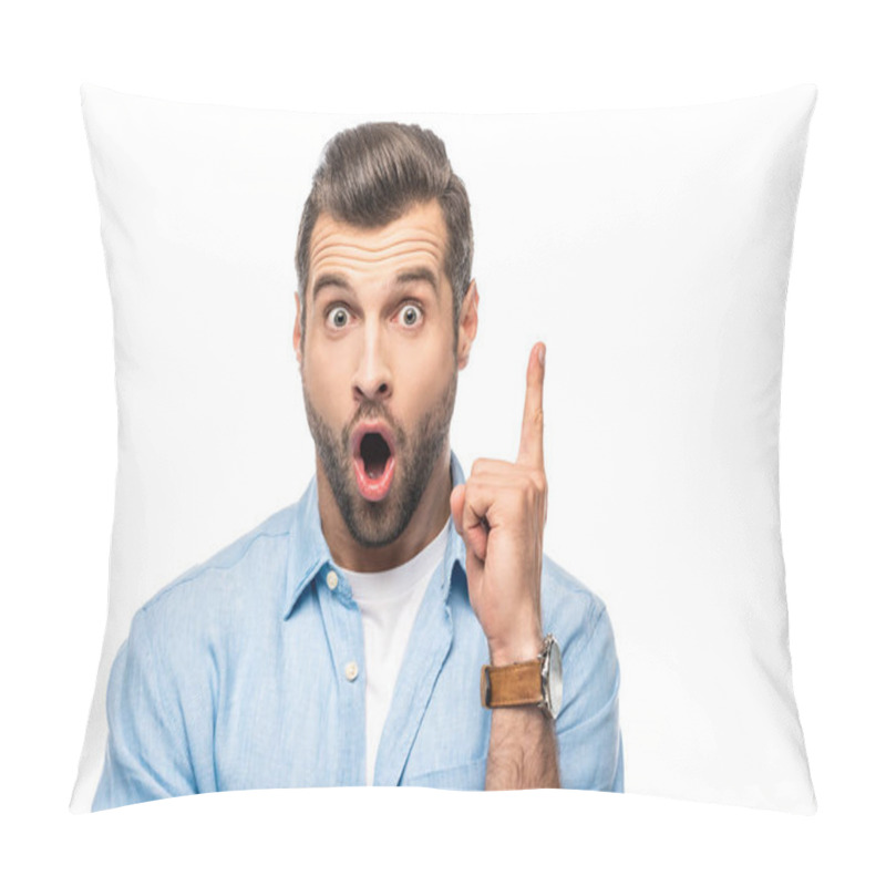 Personality  Surprised Man Looking At Camera And Showing Idea Gesture Isolated On White  Pillow Covers