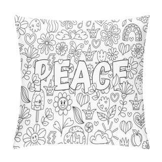 Personality  Peace. Good Vibes. Positive, Groovy Hand Drawn Coloring Pages For Kids And Adults. Beautiful Drawings With Patterns. Motivational Quotes. Coloring Book Pictures With Blooming Flowers, Smiles Pillow Covers