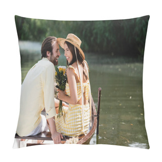 Personality  Happy Young Woman In Straw Hat Holding Bouquet Of Flowers Near Cheerful Boyfriend During Boar Trip Pillow Covers
