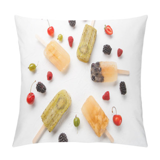 Personality  Image From Above Of Frozen Fruit Ice, Gooseberry, Blackberry, Cherry On White Background White Background Pillow Covers