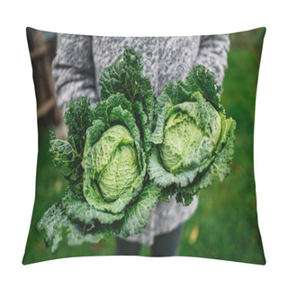 Personality  Woman Holding Two Heads Of Savoy Cabbage Pillow Covers