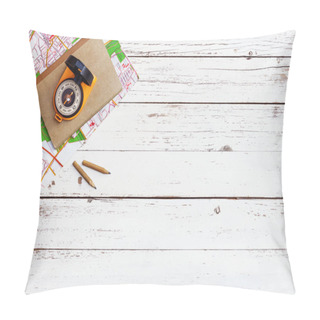 Personality  Empty White Wooden Table With Tools For Travel And Adventure Pillow Covers