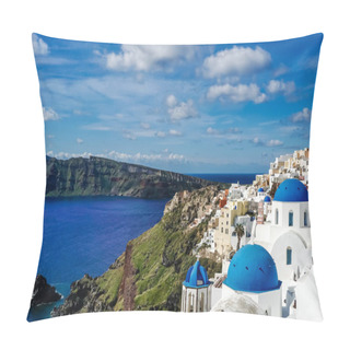 Personality  Blue-domed Churches Near White Houses And Sea In Santorini  Pillow Covers