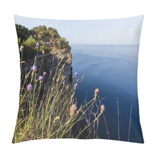 Personality  Close-up View Of Beautiful Wildflowers And Majestic Natural View With Calm Sea And Cliff, Calanques De Marseille (Massif Des Calanques), Provence, France Pillow Covers