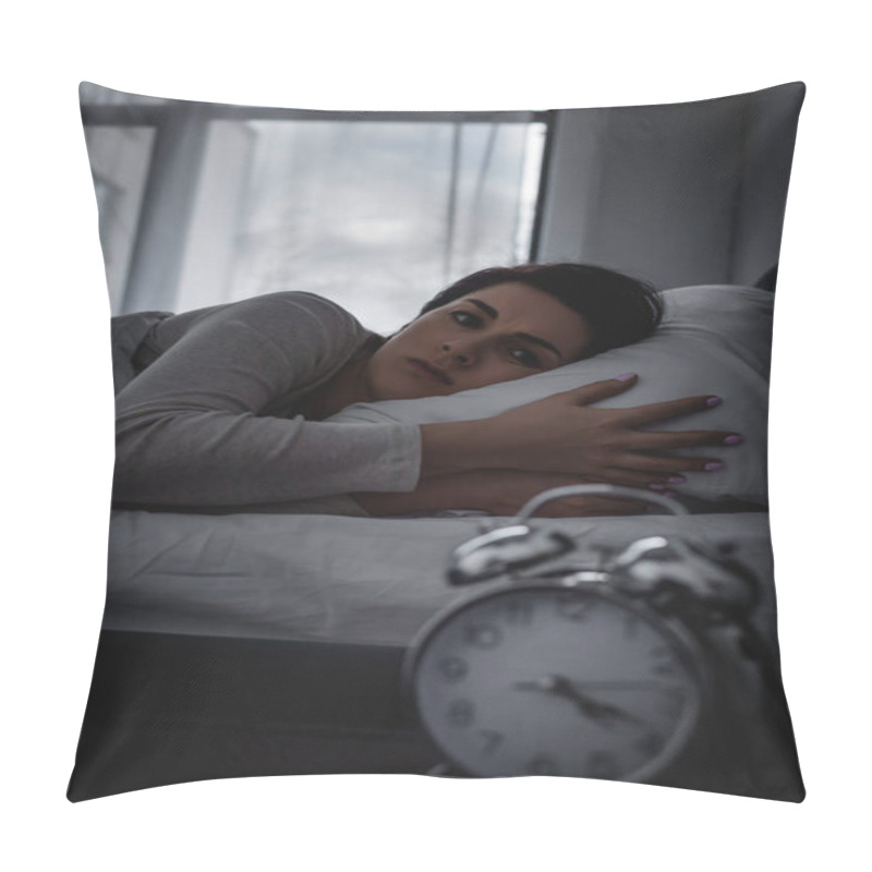 Personality  Selective Focus Of Awake Woman Looking At Alarm Clock On Bedside Table  Pillow Covers