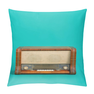 Personality  Wooden Radio On Turquoise Background With Copy Space Pillow Covers