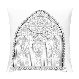 Personality  Beautiful Gothic Stained Glass Window With Rose. Medieval Architecture In Western Europe. Black And White Fantasy Drawing For Coloring Book. Worksheet For Children And Adults. Vector Illustration. Pillow Covers