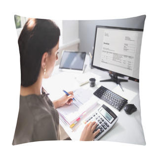 Personality  Businesswoman Calculating Tax At Desk In Office Pillow Covers