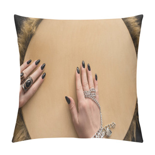 Personality  Top View Of Shaman With Jewelry Accessories On Hands Playing On Tambourine Isolated On Black Pillow Covers