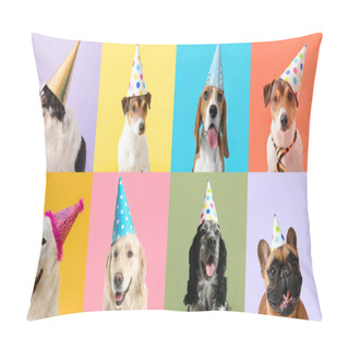 Personality  Collection Of Cute Dogs In Party Hats On Color Background Pillow Covers
