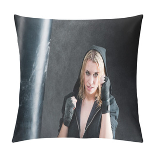 Personality  Boxing Training Woman In Black Grunge Background Pillow Covers