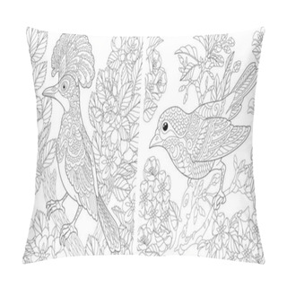 Personality  Adult Coloring Pages. Beautiful Birds In The Spring Garden. Line Art Design For Antistress Colouring Book In Zentangle Style. Vector Illustration.  Pillow Covers