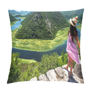Personality  High Angle View Of Woman In Pink Dress And Hat Standing Near Crnojevica River In Montenegro Pillow Covers