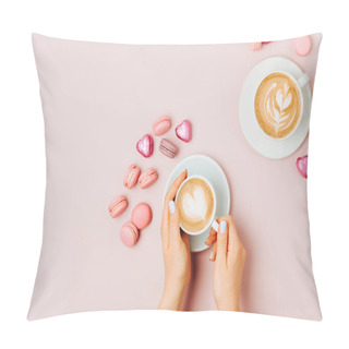 Personality  Female Hands  Holding Cup Of Coffee On Pale Pink Background.   Flat Lay, Top View Pillow Covers