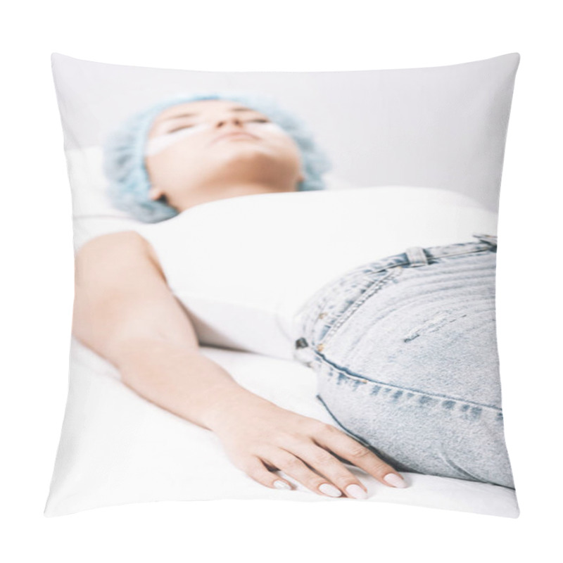 Personality  Selective Focus Of Model In Hair Cap Lying On Couch Isolated On Grey Pillow Covers