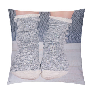 Personality  Close Up Of Woman Feet  Wearing Cozy Warm Wool Socks. Warmth Concept. Winter Clothes Pillow Covers