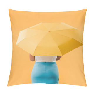 Personality  Back View Of Woman Standing With Umbrella Isolated On Yellow Pillow Covers