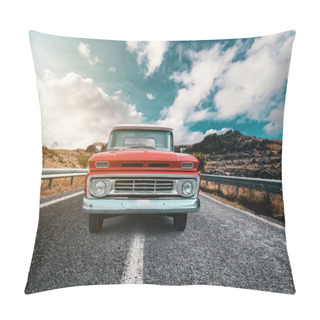 Personality  A Classical Automobile On A Journey On The Country Raod Against The Cloudy And Blue Sky Pillow Covers