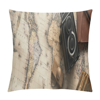Personality  Top View Of Vintage Camera And Stamp On Map Background, Panoramic Shot Pillow Covers