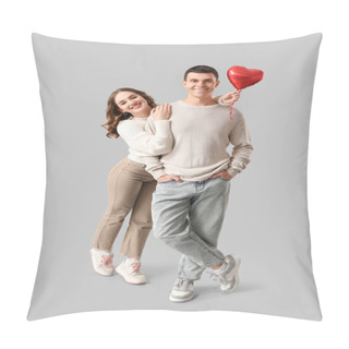 Personality  Happy Young Couple With Heart-shaped Air Balloon On Pink Background. Valentine's Day Celebration Pillow Covers