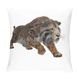 Personality  3D Illustration Of A Smilodon, The Extinct Pre-historic Sabre-toothed Tiger Stalking Isolated On A White Background. Pillow Covers